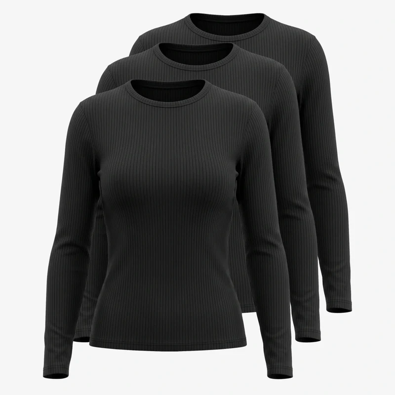Langarmshirt Damen Rippstruktur | Schwarz