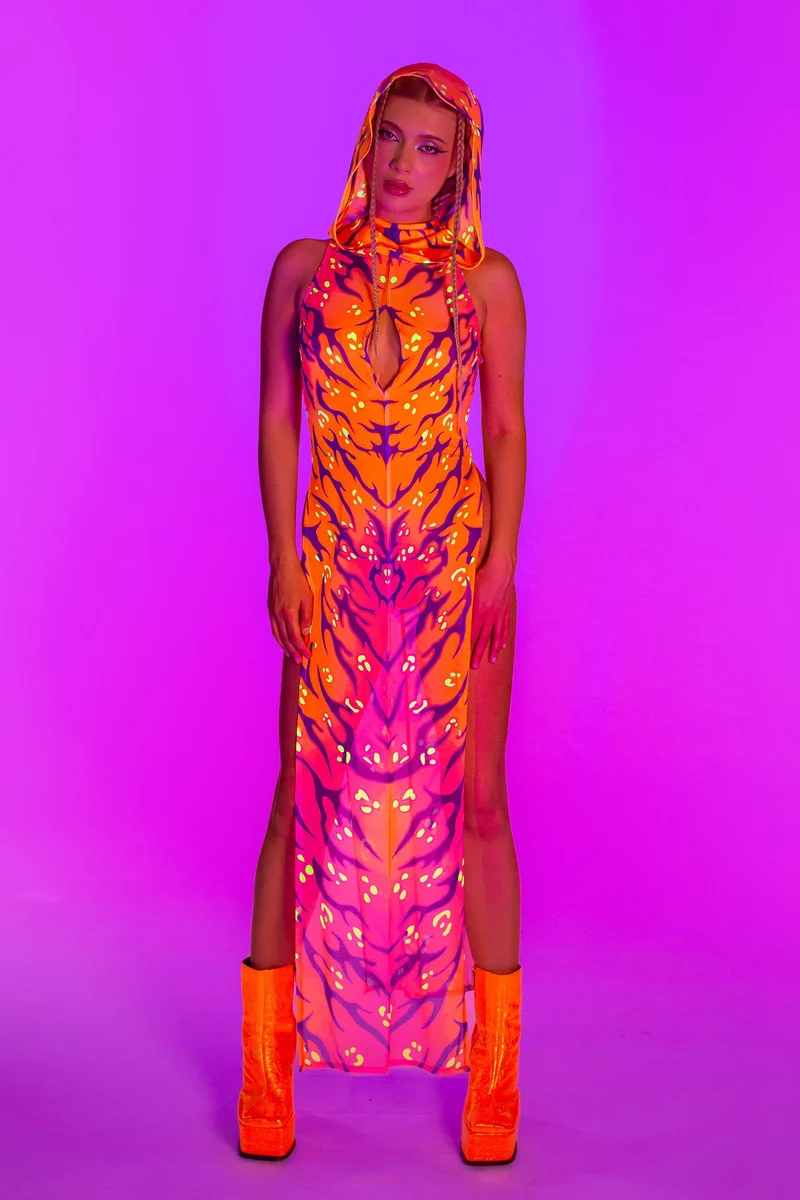 Fire Sign Hooded High Slit Dress
