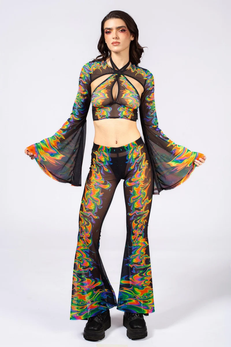 Aura Flow Mesh Bell Bottoms Pants