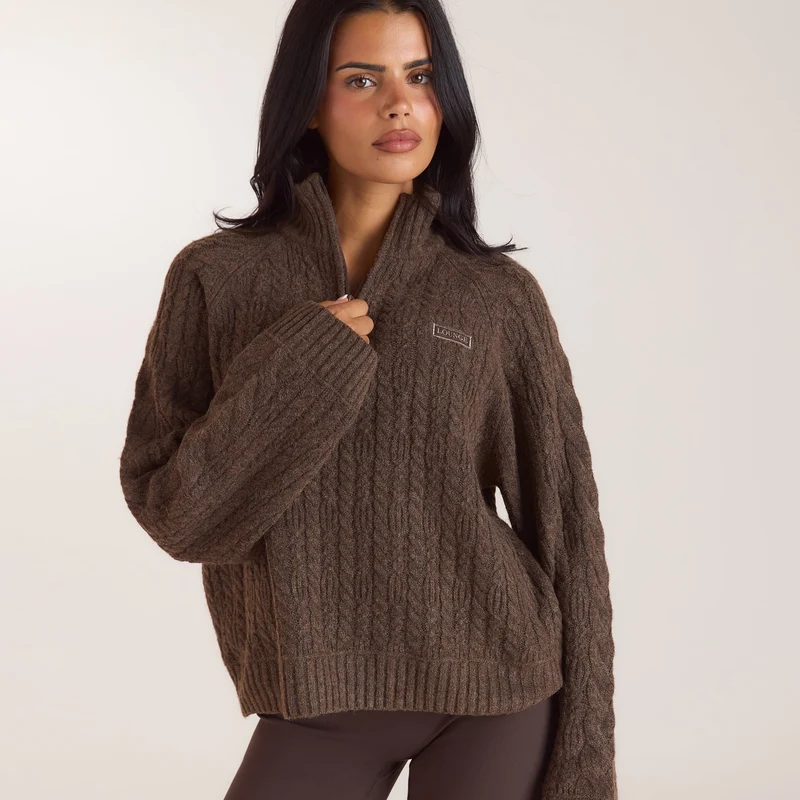 Strickpullover mit Viertelreißverschluss - Taupe