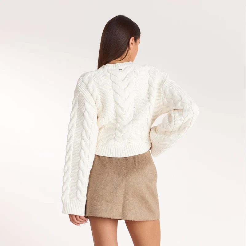 Kurzer Zopfstrickpullover - Crèmefarbe