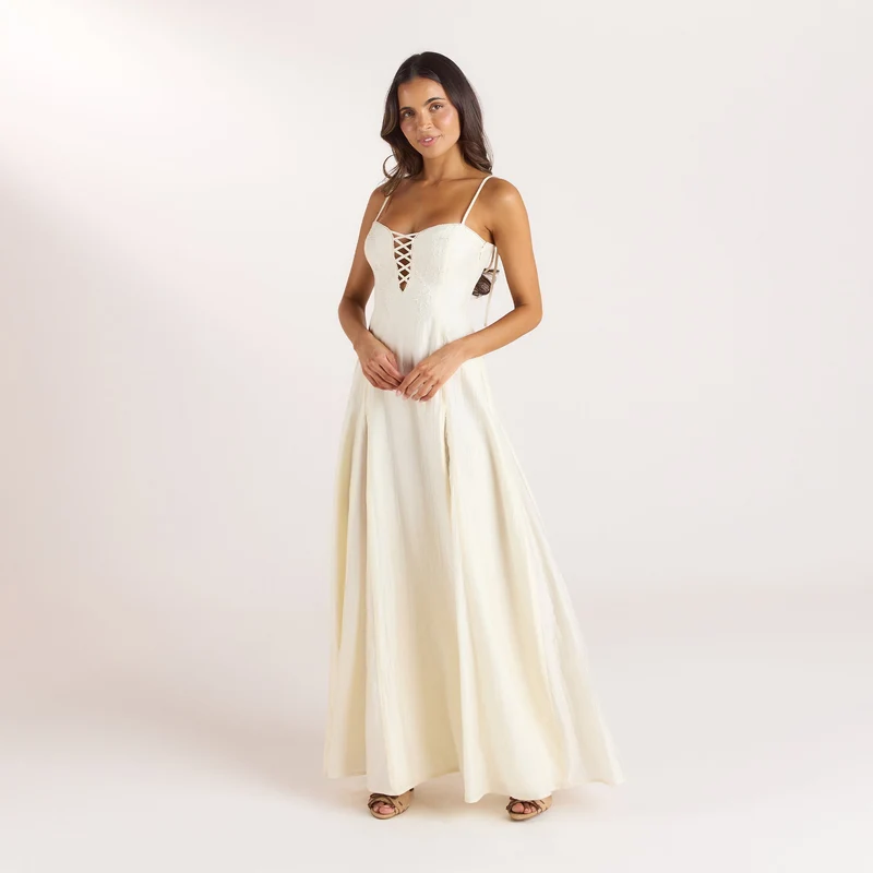 Bestickter Maxikleid mit Korsetdetail - Buttercreme