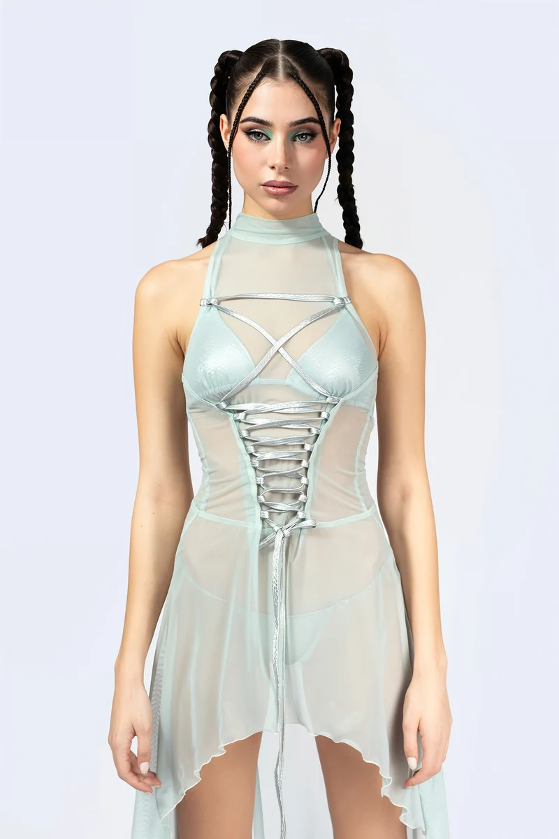 Double Take Lace Up Bodice Dress