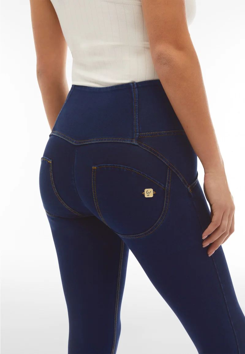 WR.UP Push-Up Button High Waist Skinny 7/8 Denim Jeans - Denim Dark Blue - Yellow Seam