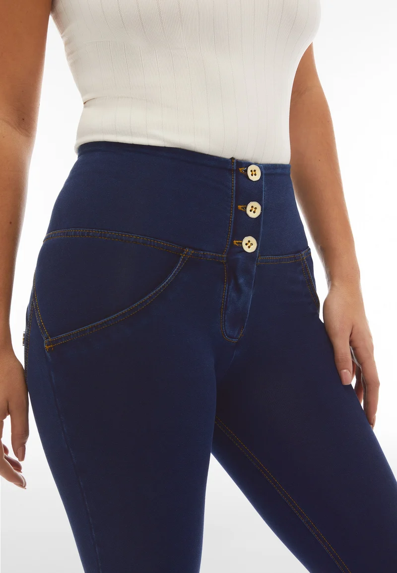 WR.UP Push-Up Button High Waist Skinny 7/8 Denim Jeans - Denim Dark Blue - Yellow Seam
