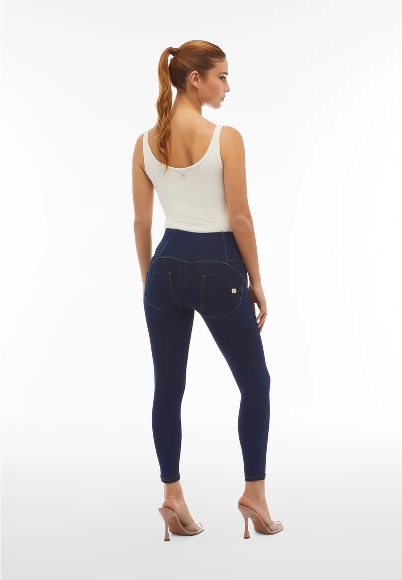 WR.UP Push-Up Button High Waist Skinny 7/8 Denim Jeans - Denim Dark Blue - Yellow Seam