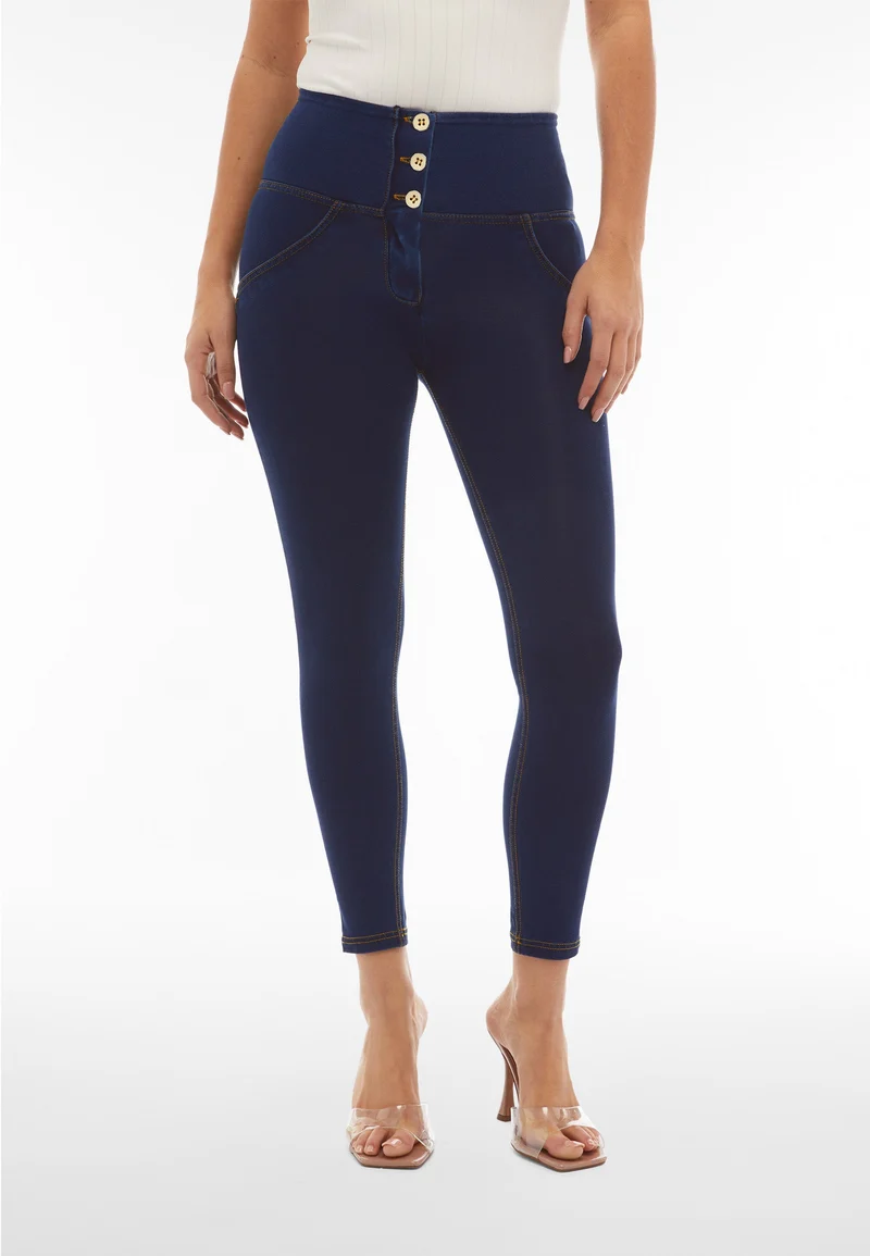 WR.UP Push-Up Button High Waist Skinny 7/8 Denim Jeans - Denim Dark Blue - Yellow Seam