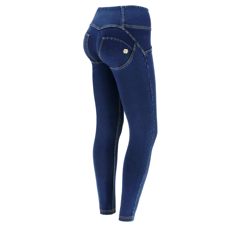 WR.UP Push-Up Button High Waist Skinny 7/8 Denim Jeans - Denim Dark Blue - Yellow Seam