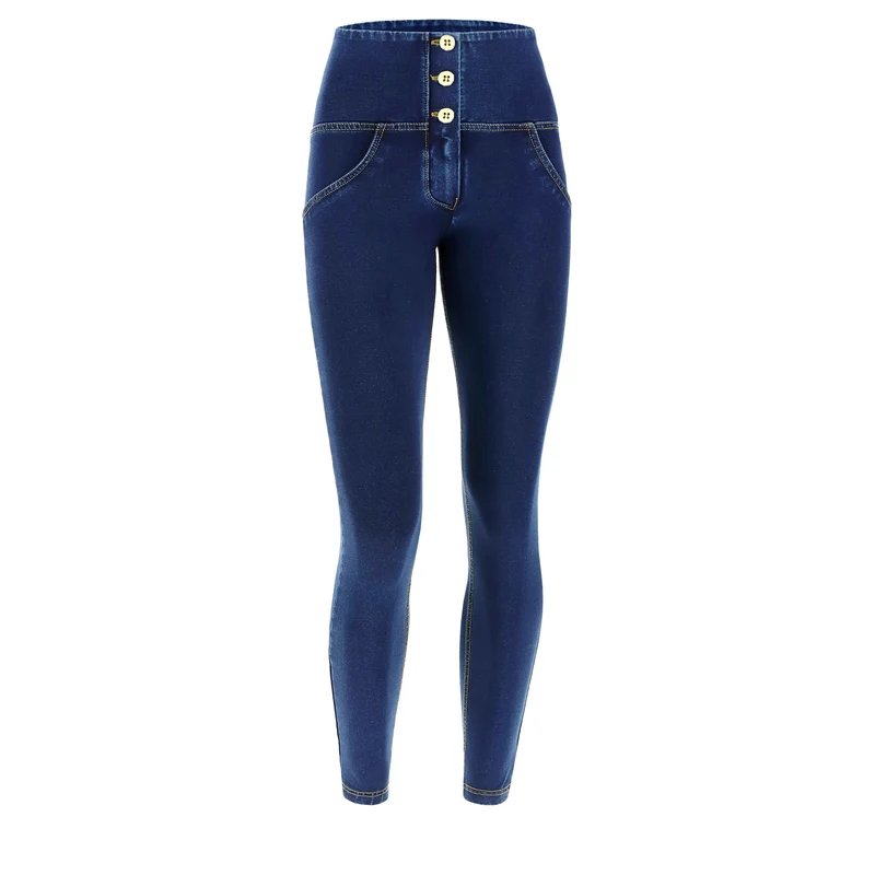 WR.UP Push-Up Button High Waist Skinny 7/8 Denim Jeans - Denim Dark Blue - Yellow Seam