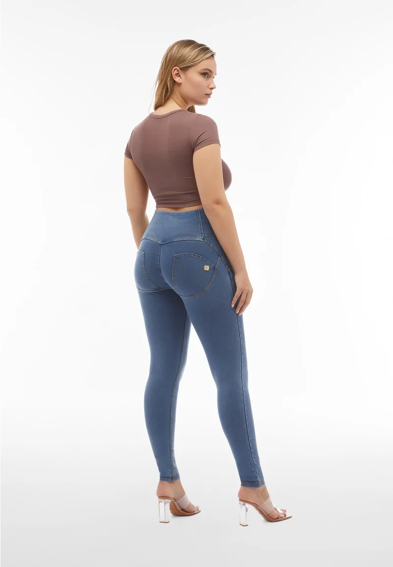 WR.UP Push-Up Button High Waist Skinny 7/8 Denim Jeans - Denim Light Blue - Yellow Seam