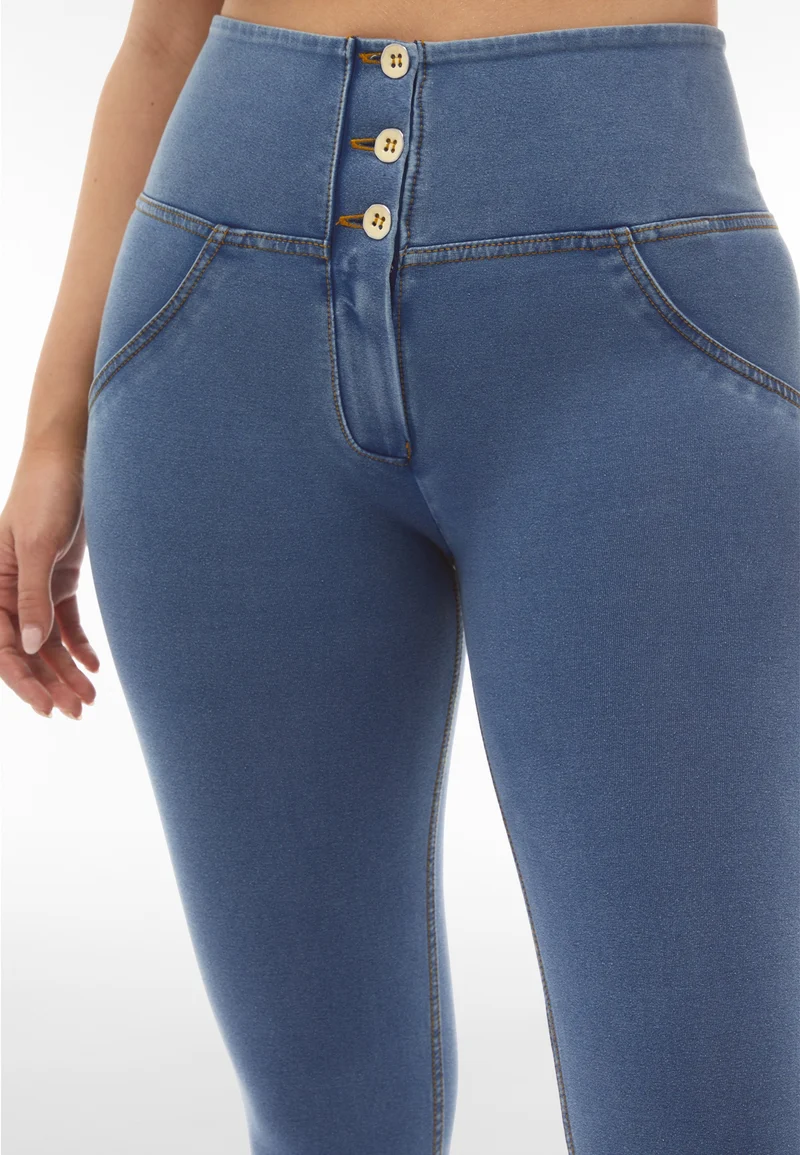 WR.UP Push-Up Button High Waist Skinny 7/8 Denim Jeans - Denim Light Blue - Yellow Seam