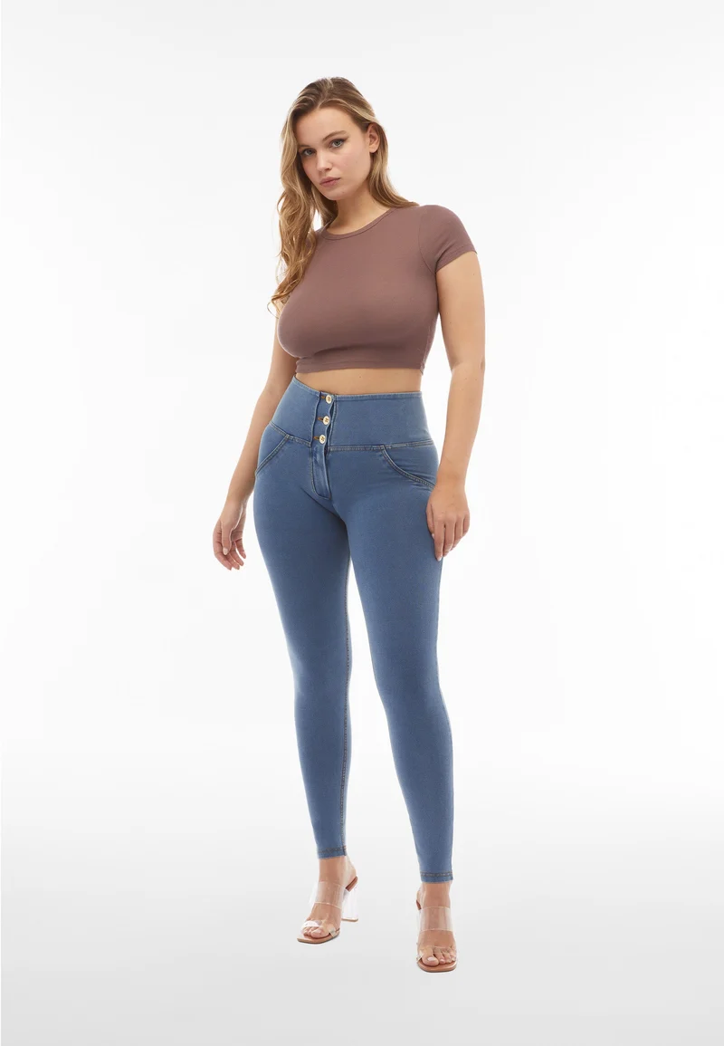 WR.UP Push-Up Button High Waist Skinny 7/8 Denim Jeans - Denim Light Blue - Yellow Seam