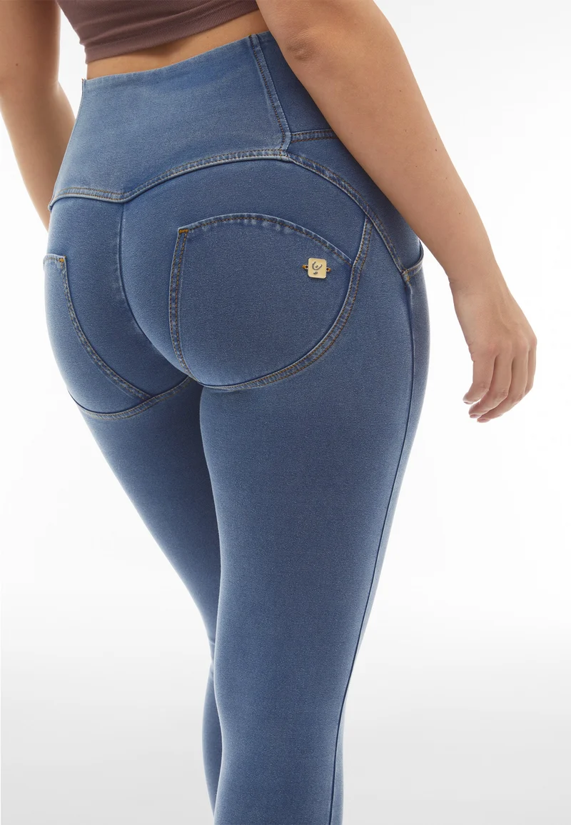 WR.UP Push-Up Button High Waist Skinny 7/8 Denim Jeans - Denim Light Blue - Yellow Seam