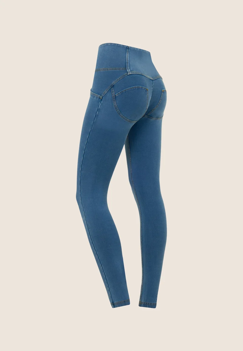 WR.UP Push-Up Button High Waist Skinny 7/8 Denim Jeans - Denim Light Blue - Yellow Seam