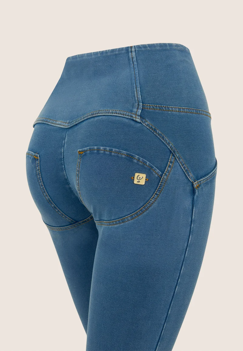 WR.UP Push-Up Button High Waist Skinny 7/8 Denim Jeans - Denim Light Blue - Yellow Seam
