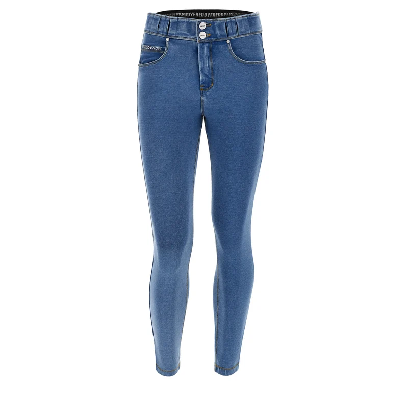 N.O.W. Comfort Mid Waist Skinny 7/8 Denim Jeans - Denim Light Blue - Yellow Seam