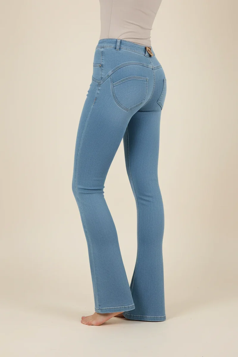 WR.UP Push-Up Regular Waist Mini Flare Denim Jeans - Denim Light Blue - Yellow Seam