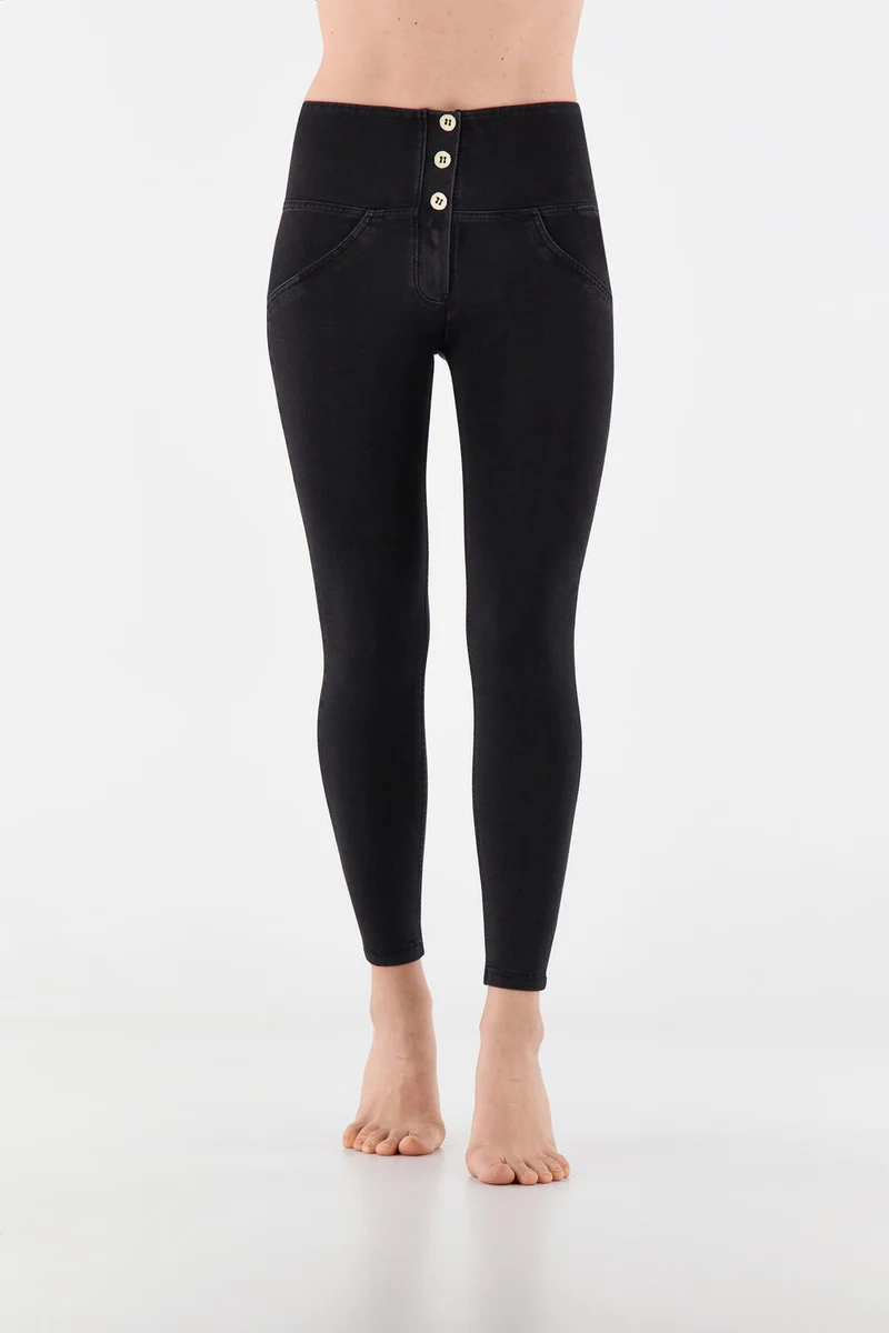 WR.UP Push-Up Button High Waist Skinny 7/8 Denim Jeans - Denim Black - Black Seam