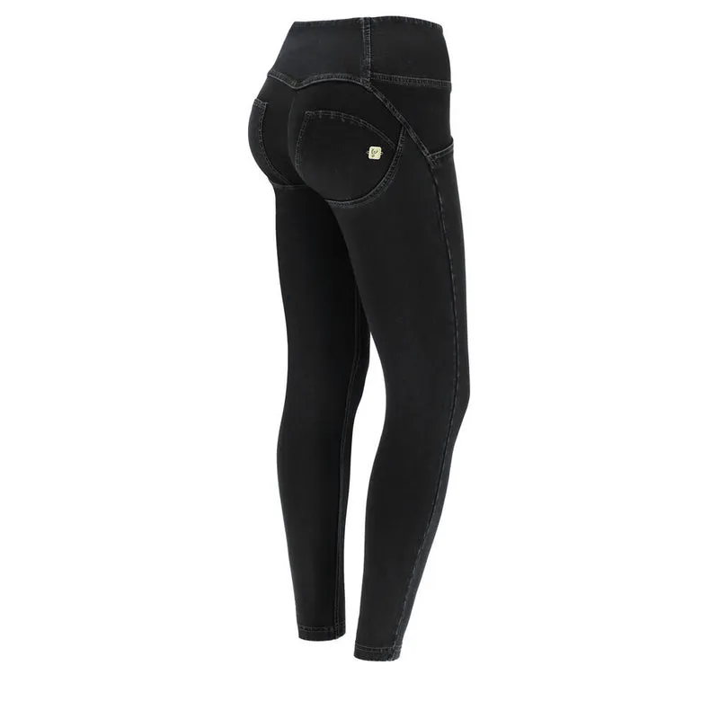 WR.UP Push-Up Button High Waist Skinny 7/8 Denim Jeans - Denim Black - Black Seam