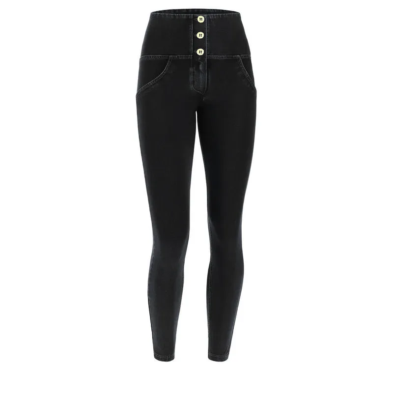 WR.UP Push-Up Button High Waist Skinny 7/8 Denim Jeans - Denim Black - Black Seam