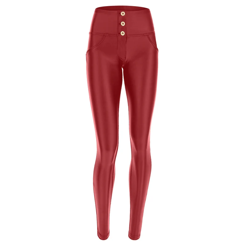 WR.UP Push-Up Button High Waist Skinny Vegan Leather Pant - Deep Claret Red