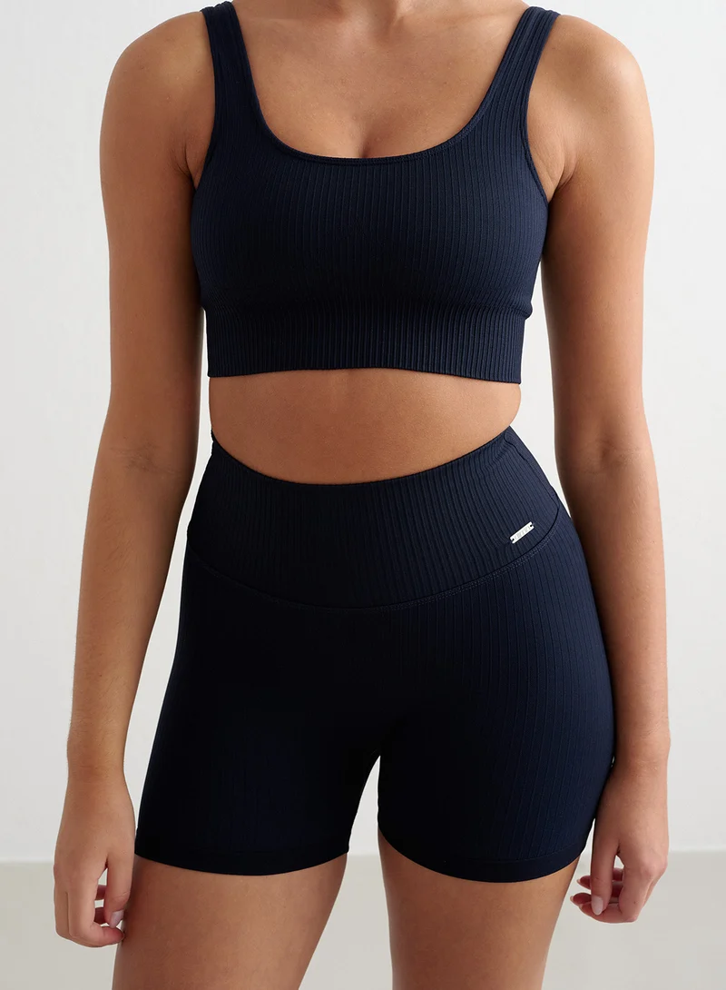 Navy Ribbed Midi Biker Shorts