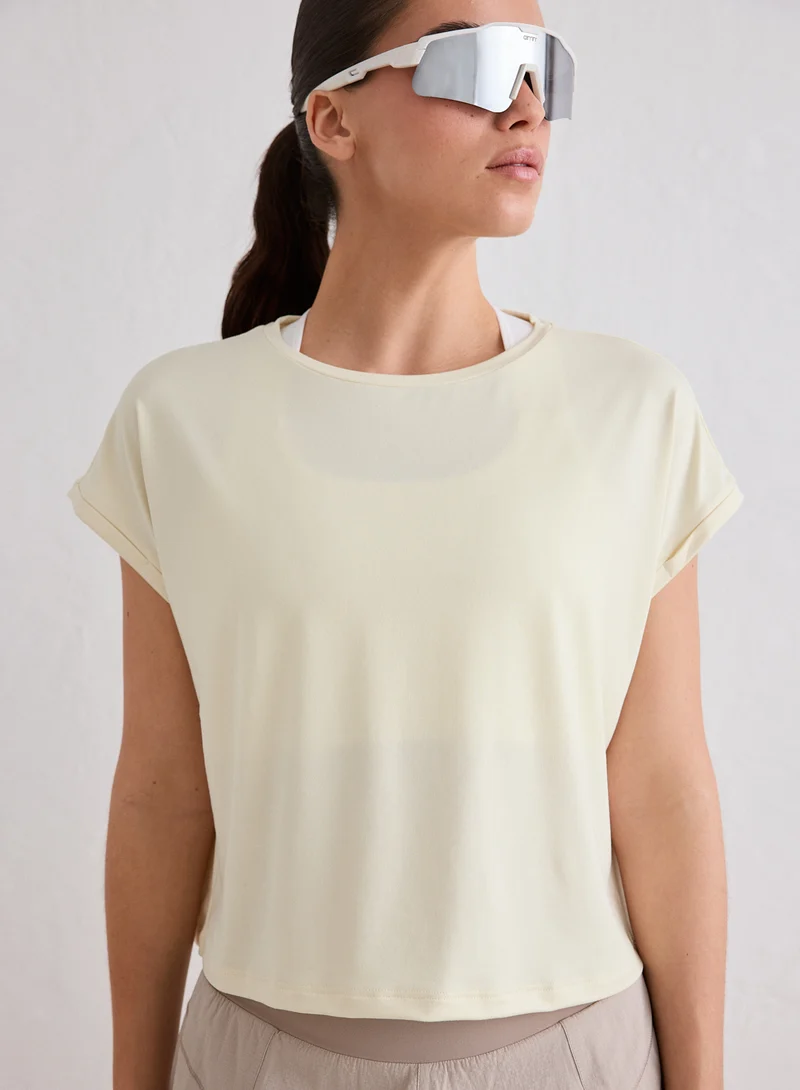Lemon White Soft Basic Roll Sleeve Top