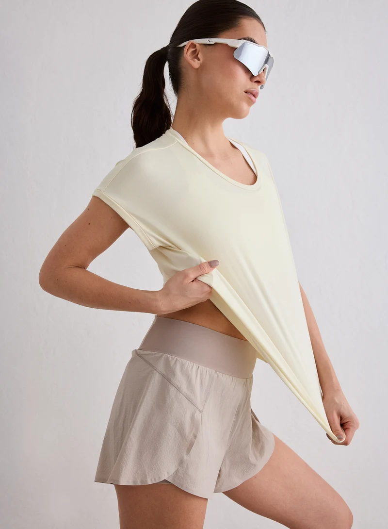 Lemon White Soft Basic Roll Sleeve Top