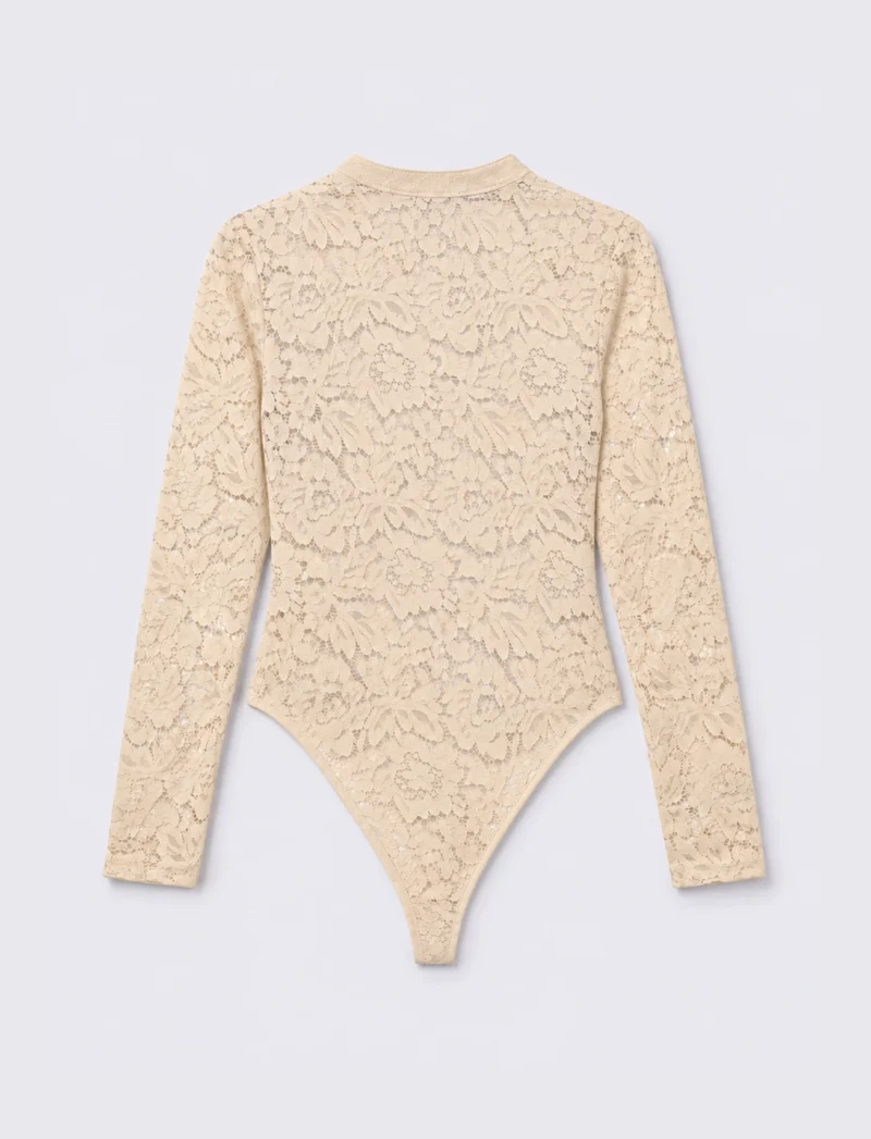 Body in pizzo a manica lunga con apertura frontale - Beige