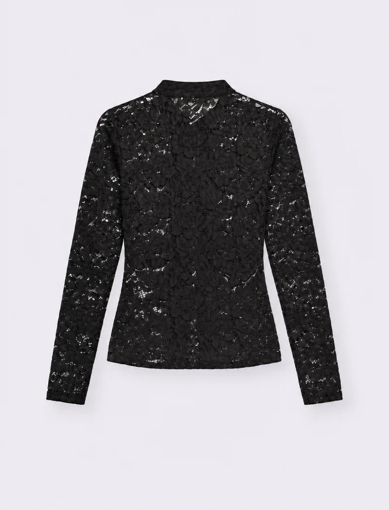 Camicia in pizzo con colletto alla coreana e alamari - Nero