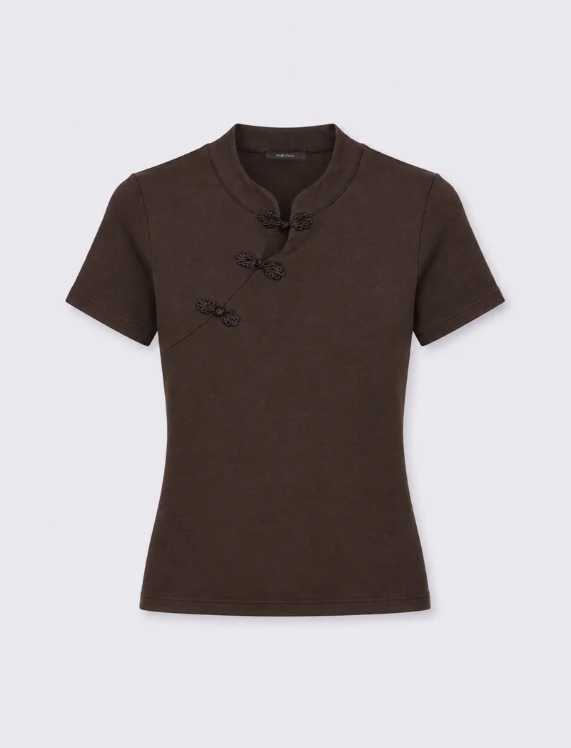 Maglia mezza manica asimmetrica con collo alla coreana e alamari - Moro