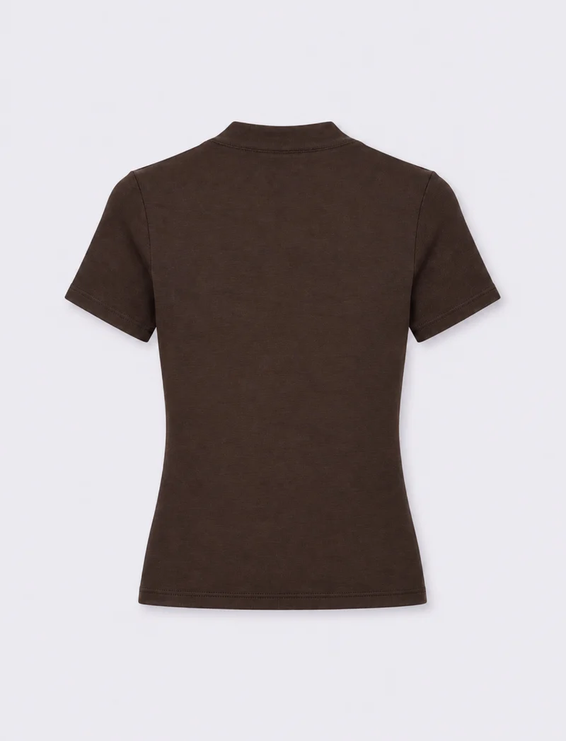 Maglia mezza manica asimmetrica con collo alla coreana e alamari - Moro