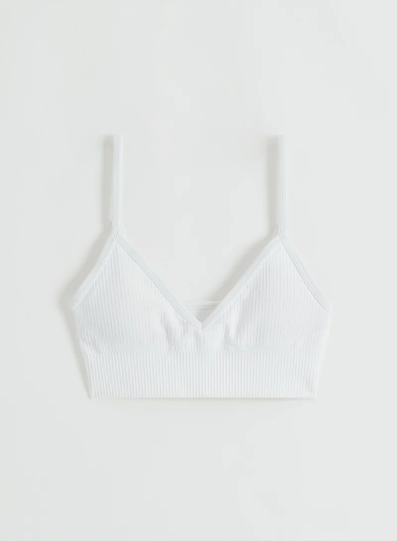 White Ribbed Seamless Deep Cut Bra