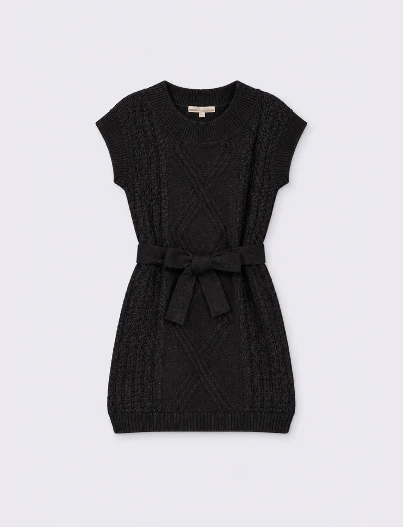 Vestito giromanica in maglieria con cintura - Nero