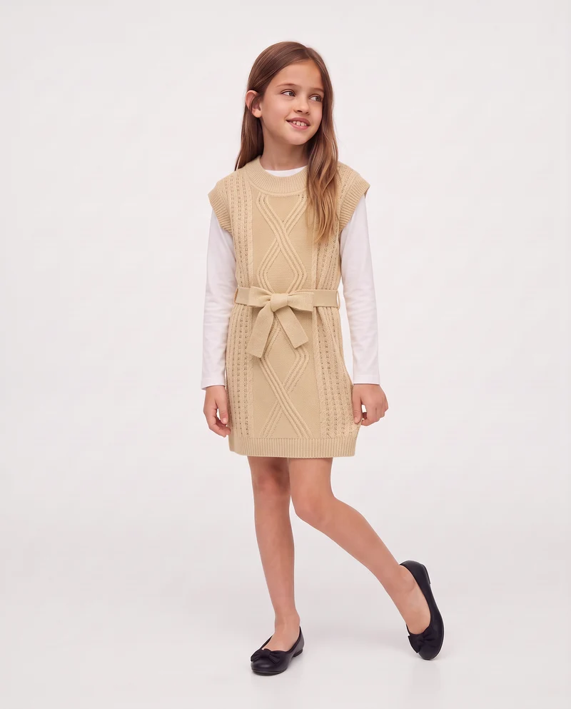 Vestito giromanica in maglieria con cintura - Beige