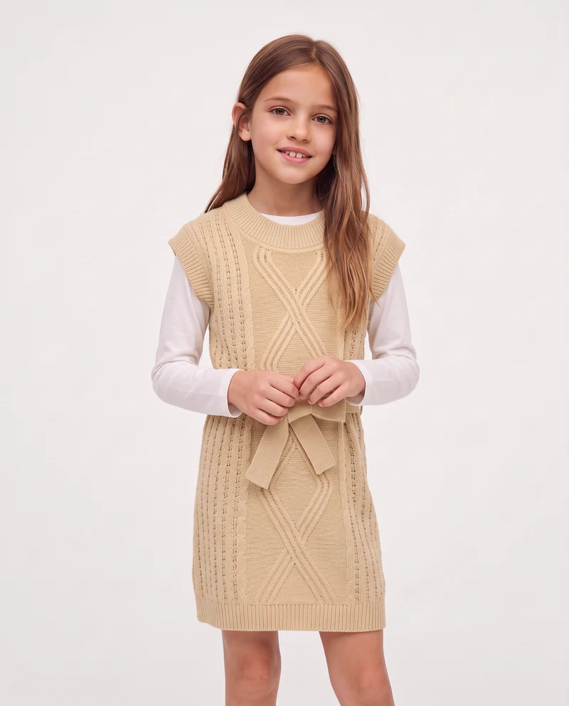 Vestito giromanica in maglieria con cintura - Beige