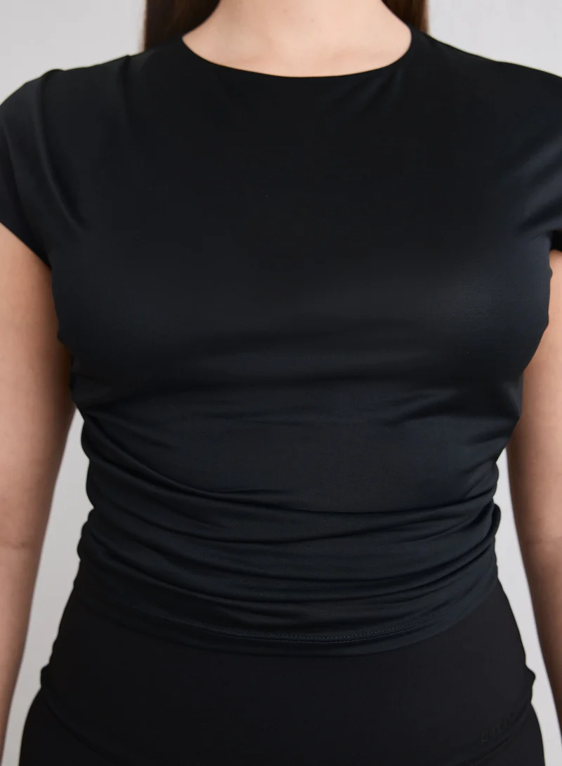 Black Luminous Draped Short Sleeve