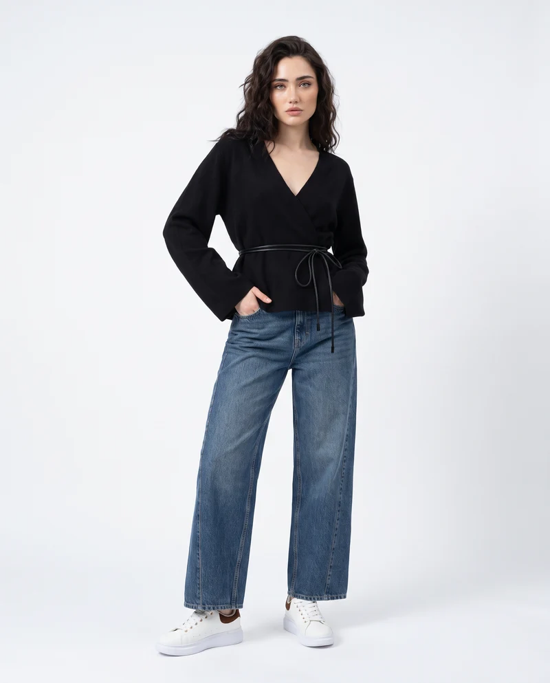 Cardigan aperto incrociato con cinturino - Nero