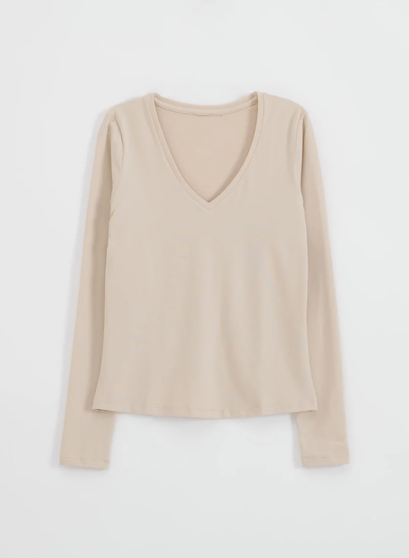 Café Au Lait Soft Basic V-neck Long Sleeve