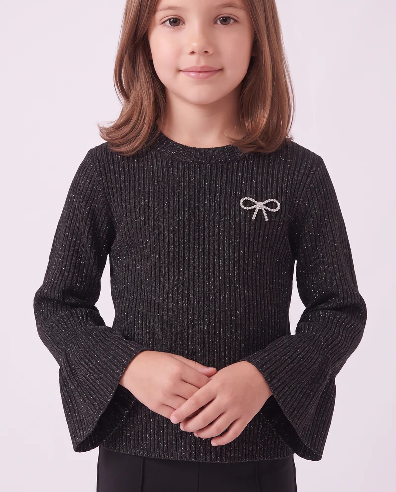 Pullover brillantinato con spilla gioiello - Nero