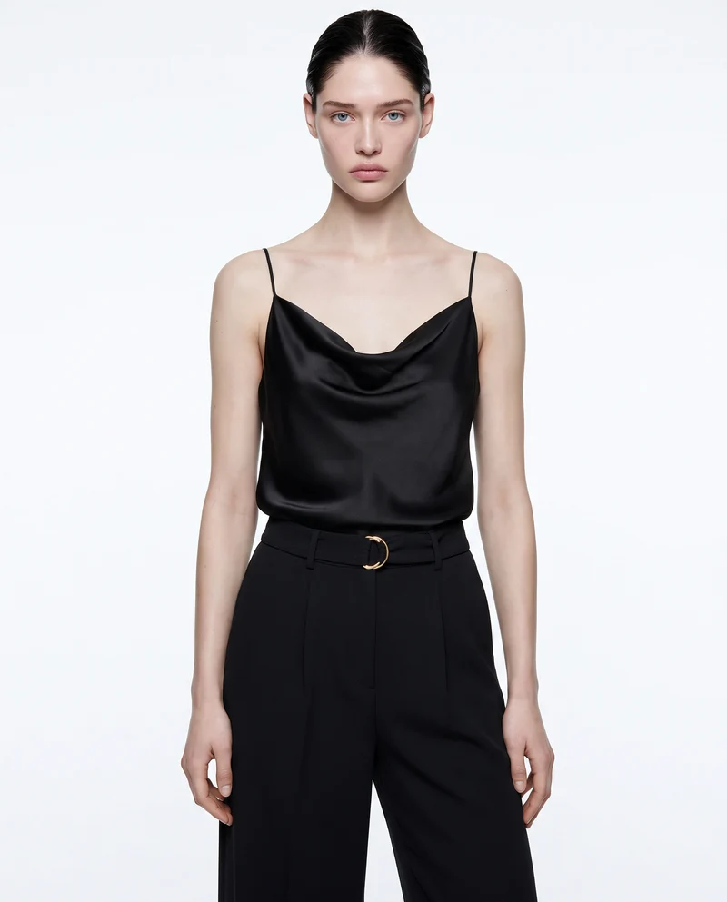 Top con scollo drappeggiato e bretelle sottili - Nero