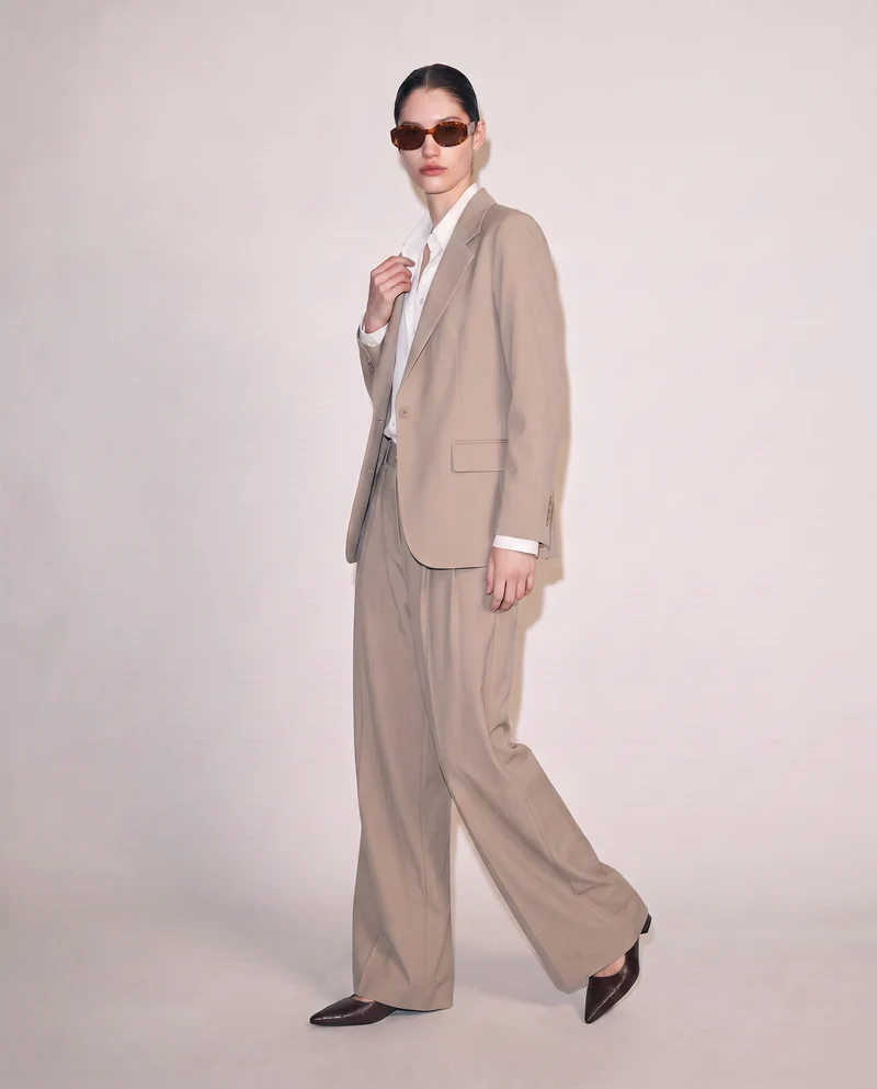Pantaloni palazzo con pences e chiusura a bottone - Beige