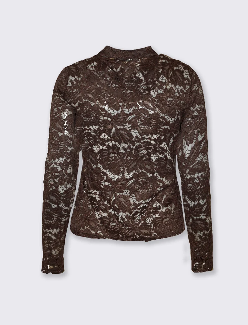 Camicia in pizzo con colletto alla coreana e alamari - Moro