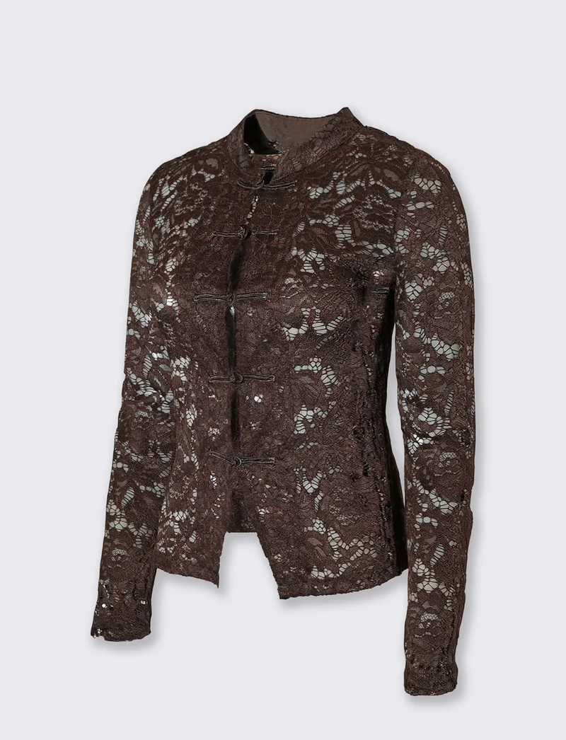Camicia in pizzo con colletto alla coreana e alamari - Moro