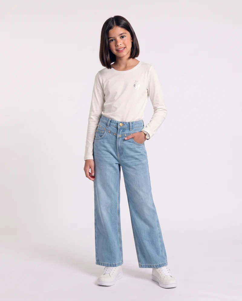 Jeans in cotone con borchie e gamba ampia - Denim