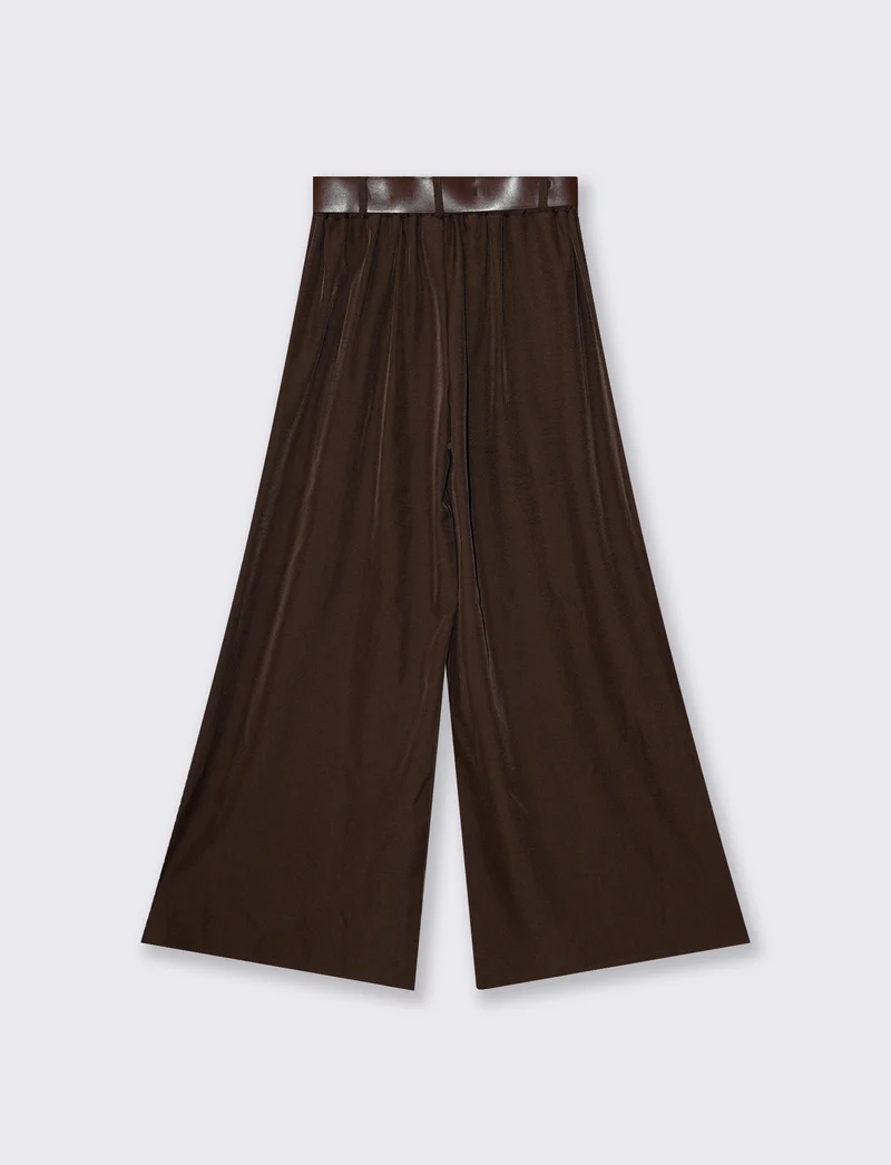 Pantaloni wide leg a vita segnata con cintura - Moro
