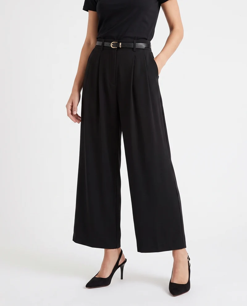 Pantaloni ampi con pences e cintura - Nero