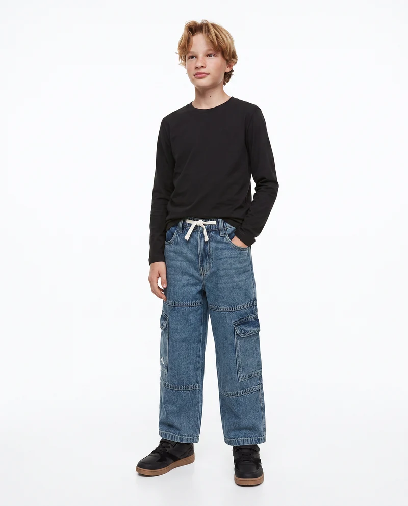 Jeans cargo baggy con ricami retrò - Denim