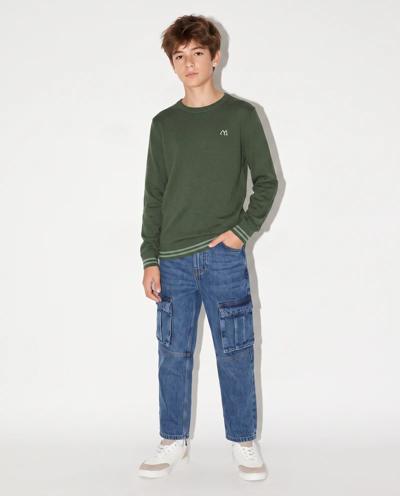 Maglioncino girocollo con toppe maniche - Verde abete