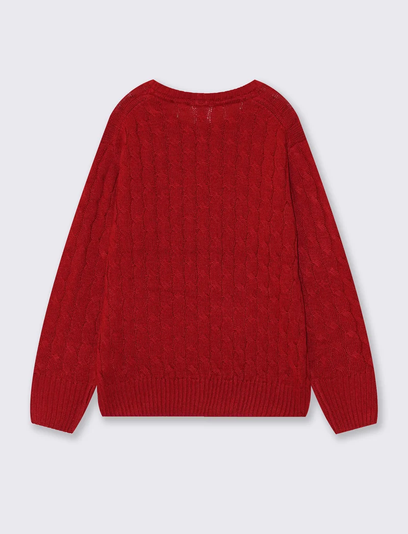 Maglia girocollo a treccia manica lunga - Rosso